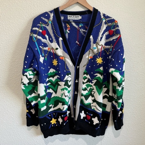 VTG 90s Jack B Quick Womens L All Over Christmas Print Sweater Knit Tree Snow - Picture 4 of 7